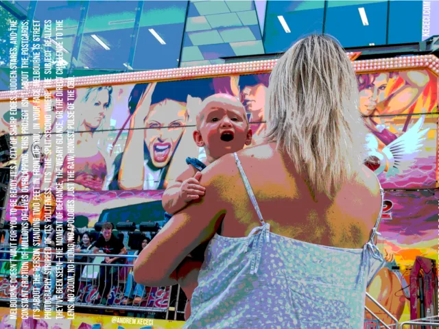 In Your Face Melbourne a Melbourne street photography zine cover by Andrew Kececi featuring cinematic documentary moments.