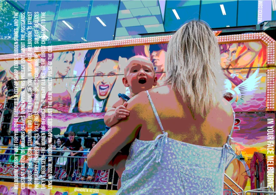 In Your Face Melbourne a Melbourne street photography zine cover by Andrew Kececi featuring cinematic documentary moments.